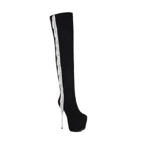 Stiletto Fashion Platform Tassel Black Knee High Boots Tall Boot Suede Super High Heeled