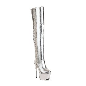 Fur Lined Metallic Tall Boots Silver Over The Knee Boots Tassel Super High Heel