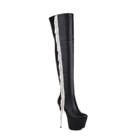 Mit Fransen Pfennigabsatze Overknee Rund Spitze Glitzernden Mit Strasssteine Plateau Lederimitat Hohe Stiefel Schwarze Mode Winter Metallic High Heel