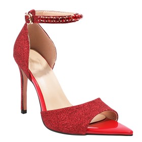 Sexy Ankle Strap Belt Buckle Red High Heel Sandals Glitter Fashion Peep Toe