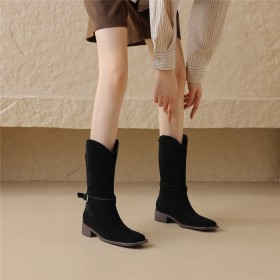 Mid Calf Boots Vintage Low Heels Leather Closed Toe Suede