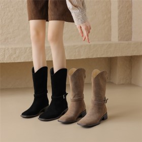 Rétro Cuir Daim Petit Talon 4 cm Bottes Mi Mollet 2023 Confort Femme Talon Epais Habillé Western