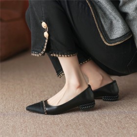 Talon Bas Classique Cuir Chaussure Femme Chaine Fourrure Bout Fermé Talons Carrés Loafers Originale