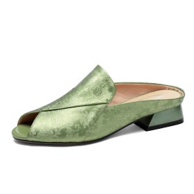 Green Sandals 1 inch Low Heel Classic Satin Leather Open Toe Block Heels Elegant Mules Chunky Flower