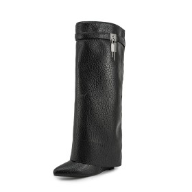 Habillé Talons Epais Fourrées Bottes Femme Mi Mollet En Relief Imprimé Crocodile Noir Talons Hauts