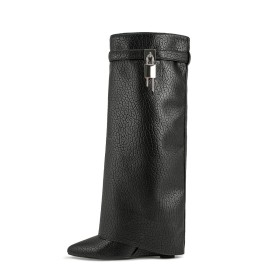 Habillé Talons Epais Fourrées Bottes Femme Mi Mollet En Relief Imprimé Crocodile Noir Talons Hauts