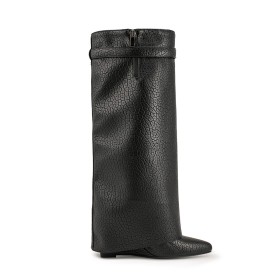 Habillé Talons Epais Fourrées Bottes Femme Mi Mollet En Relief Imprimé Crocodile Noir Talons Hauts