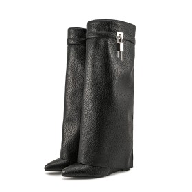 Habillé Talons Epais Fourrées Bottes Femme Mi Mollet En Relief Imprimé Crocodile Noir Talons Hauts