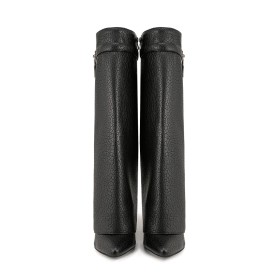 Habillé Talons Epais Fourrées Bottes Femme Mi Mollet En Relief Imprimé Crocodile Noir Talons Hauts