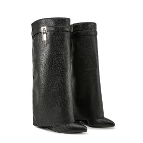 Habillé Talons Epais Fourrées Bottes Femme Mi Mollet En Relief Imprimé Crocodile Noir Talons Hauts