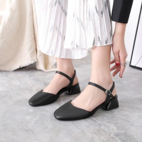 Women Shoes Black With Ankle Strap Block Heels Comfort 4 cm Low Heel Grained Chunky Hee