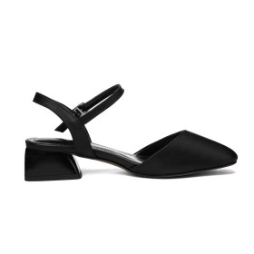 Women Shoes Black With Ankle Strap Block Heels Comfort 4 cm Low Heel Grained Chunky Hee