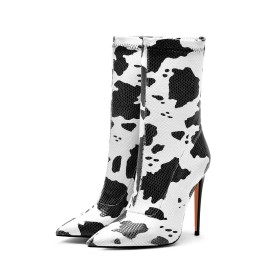 Svartvita 10 cm Högklackade Ankelboots Dam Leopard Skor Dam Spetsiga Tå Stilett Klackar Mode