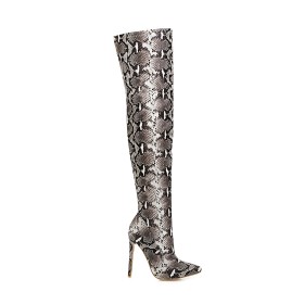 High Heel Over The Knee Boots Faux Leather Stiletto Classic Gray Pointed Toe Fur Lined