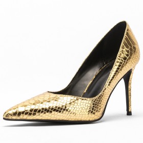 Elegant Sparkly Womens Shoes Stilettos Gold Faux Leather Patent Leather Fashion Embossed High Heels Pumps Pointed Toe Snake Printed