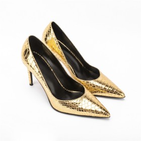 Elegant Sparkly Womens Shoes Stilettos Gold Faux Leather Patent Leather Fashion Embossed High Heels Pumps Pointed Toe Snake Printed