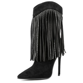 Vintage Cowboy Boot Fringe Stiletto With Rhinestones Modern Classic Boots Suede Leather Black 12 cm High Heels