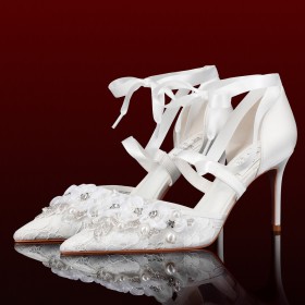 Satin Beautiful Stiletto Heels White 3 inch High Heel With Ankle Strap Bridals Wedding Shoes Closed Toe Bowknot Sandals