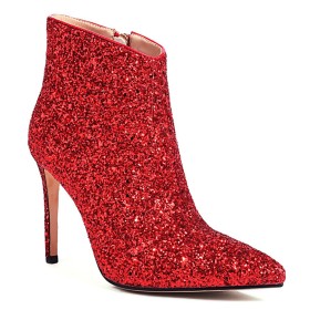 Rot Festliche Schuhe Stiefeletten Winter Spitz Geschlossene Zehe Moderne Stilettos 10 cm High Heels Stiefel Damen