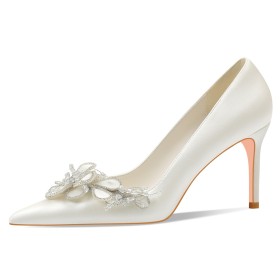 Pointed Toe Flowers High Heels Elegant White Dressy Shoes Bridal Shoes Pumps