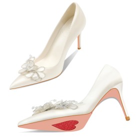 Pointed Toe Flowers High Heels Elegant White Dressy Shoes Bridal Shoes Pumps