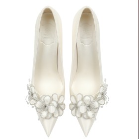 Pointed Toe Flowers High Heels Elegant White Dressy Shoes Bridal Shoes Pumps