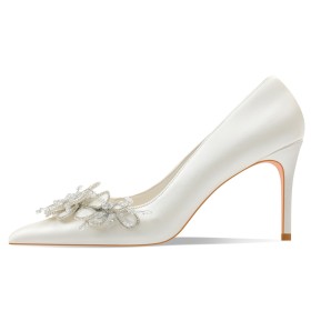 Pointed Toe Flowers High Heels Elegant White Dressy Shoes Bridal Shoes Pumps