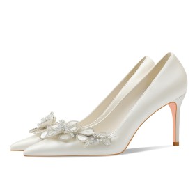 Pointed Toe Flowers High Heels Elegant White Dressy Shoes Bridal Shoes Pumps