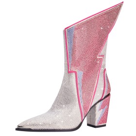 À Talon Carrés Paillette 2024 Brillante Chaussure De Soirée Rose Bottine Femme Ceremonie Avec Strass Boots Femme Avec Colorblock Talon Epais