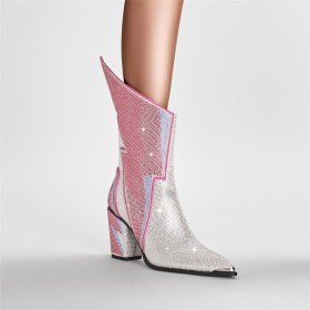 Roze Sparkle Met Blokhak Strass Gala Glitter Imitatieleer High Heel Enkellaarsjes