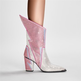 À Talon Carrés Paillette 2024 Brillante Chaussure De Soirée Rose Bottine Femme Ceremonie Avec Strass Boots Femme Avec Colorblock Talon Epais