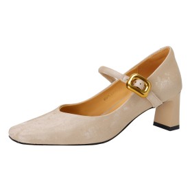Beige Thick Heel Belt Buckle Leather Shoes Mid Heel Classic With Ankle Strap Pumps Block Heel Business Casual Comfortable