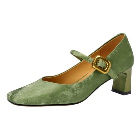 Thick Heel Comfort With Ankle Strap Classic Satin Textured Leather Mary Jane Mid Heels Leather Green Block Heel Going Out Shoes Belt Buckle