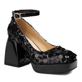 Schoen Blokhakken Vierkante Neus Going Out Met Enkelbandje 10 cm High Heel Glitter Plateau Pumps