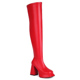 Round Toe Classic Red Full Grain Block Heel 4 inch High Heeled Tall Boots Chunky Heel Over The Knee Boots For Women