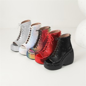 High Heels Dressy Shoes Stylish Block Heels Lace Up Peep Toe Ankle Boots For Women Party Shoes Ombre Sequin