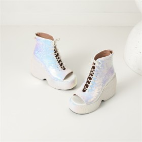 High Heels Dressy Shoes Stylish Block Heels Lace Up Peep Toe Ankle Boots For Women Party Shoes Ombre Sequin