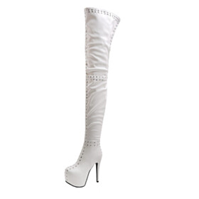 Going Out Footwear White Stilettos Classic Fur Lined 14 cm High Heel Tall Boots Over The Knee Boots Platform Faux Leather Studded