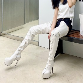 Going Out Footwear White Stilettos Classic Fur Lined 14 cm High Heel Tall Boots Over The Knee Boots Platform Faux Leather Studded