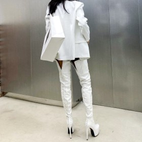 Going Out Footwear White Stilettos Classic Fur Lined 14 cm High Heel Tall Boots Over The Knee Boots Platform Faux Leather Studded