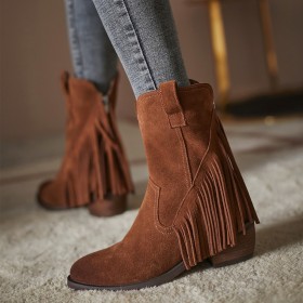 Vintage Met Franjes Leer Enkellaarsjes Bruin Cowboy Laarsjes Lage Hak Suede Blokhak