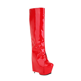 Faux Leather Knee High Boots Red Tall Boots 2021 Stylish Patent