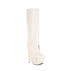 Knee High Boots Platform Stilettos Over 6 inch High Heel Round Toe Closed Toe White Fur Lined