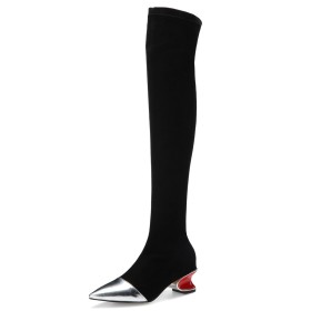 Knee High Boots Black Tall Boots Sculpted Heel Suede Leather Chunky Hee Comfort With Color Block 6 cm Mid Heel