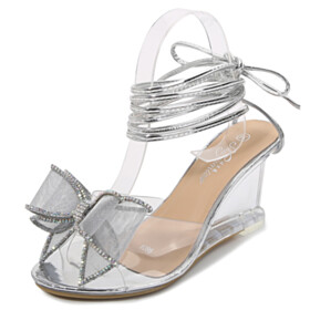 Clear Womens Sandals Silver Comfortable Ankle Tie 3 inch High Heel Fashion Wedges With Rhinestones Peep Toe Beach Cute