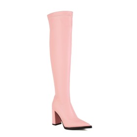 Pink 9 cm High Heel Block Heels Thigh High Boots Tall Boot Classic Faux Leather Fur Lined Thick Heel