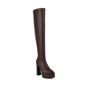 Block Heel Brown Over The Knee Boots Chunky Heel Platform 5 inch High Heel Faux Leather Fashion
