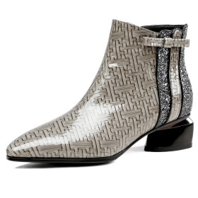 Elegant Comfortable Block Heels Embossed Fur Lined Thick Heel Leather Low Heel Ankle Boots Sequin