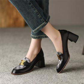 Elegant Block Heel Stylish Closed Toe Leather Dressy Shoes Letter Print Loafers Mid Heels With Flower Business Casual Buckle Chunky