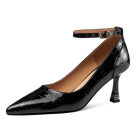 Beautiful Work Shoes Belt Buckle Crocodile Printed Embossed Stilettos With Ankle Strap Pumps 7 cm Heeled Classic Leather